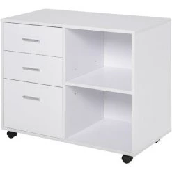 HOMCOM Support D'imprimante Organiseur Bureau Caisson 3 Tiroirs + 2 Niches + Grand Plateau Panneaux Particules Blanc
