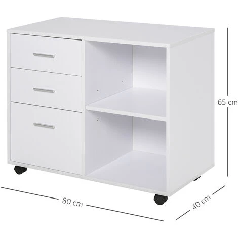 HOMCOM Support D'imprimante Organiseur Bureau Caisson 3 Tiroirs + 2 Niches + Grand Plateau Panneaux Particules Blanc 4 HOMCOM Support D'imprimante Organiseur Bureau Caisson 3 Tiroirs + 2 Niches + Grand Plateau Panneaux Particules Blanc – Image 2