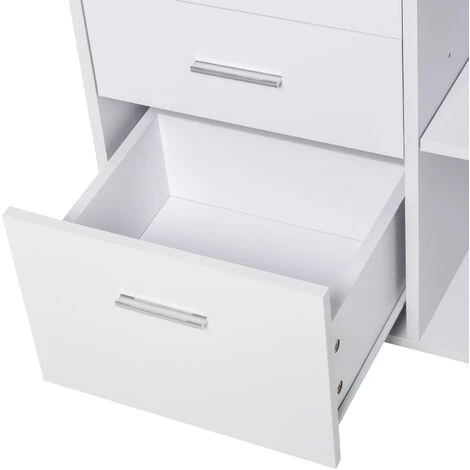 HOMCOM Support D'imprimante Organiseur Bureau Caisson 3 Tiroirs + 2 Niches + Grand Plateau Panneaux Particules Blanc 5 HOMCOM Support D'imprimante Organiseur Bureau Caisson 3 Tiroirs + 2 Niches + Grand Plateau Panneaux Particules Blanc – Image 3