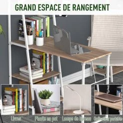 HOMCOM Bureau Pliable Rabattable - Bureau Bibliothèque 2 En 1 - 4 étagères - Imitation Bois Chêne Clair Métal Blanc - Beige -France Bureau Soldes 2022 25432894 4