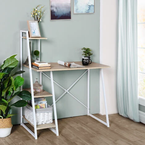 URBAN MEUBLE Bureau à étagères Intégrées Au Style Graphique Blanc Et Bois 4 URBAN MEUBLE Bureau à étagères Intégrées Au Style Graphique Blanc Et Bois – Image 2