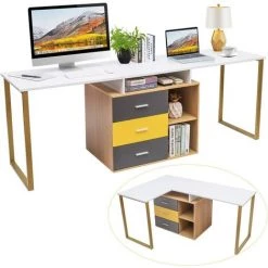 COSTWAY Bureau D'Angle Informatique En Forme De L Scandinave Moderne Avec 3 Tiroirs Et 2 Etagères Poste De Travail