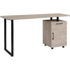 HOMCOM Bureau Informatique Design Contemporain Tiroir Placard Métal Noir Panneaux Particules MDF Bois Clair - Gris