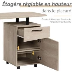 HOMCOM Bureau Informatique Design Contemporain Tiroir Placard Métal Noir Panneaux Particules MDF Bois Clair - Gris -France Bureau Soldes 2022 26969038 4
