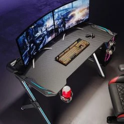 Bureau Gamer Lumière RVB 120 Cm Avec Porte-gobelet, Cable Rangement Et Crochet Pour Casque Table De Gaming Noir - SIRHONA -France Bureau Soldes 2022 27200864 5
