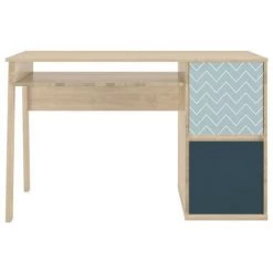 MEUBLETMOI Bureau 2 Portes Décor Chêne Beige Et Bleu - Sidoine - Bleu