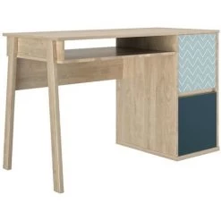 MEUBLETMOI Bureau 2 Portes Décor Chêne Beige Et Bleu - Sidoine - Bleu -France Bureau Soldes 2022 27248918 3