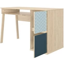 MEUBLETMOI Bureau 2 Portes Décor Chêne Beige Et Bleu - Sidoine - Bleu -France Bureau Soldes 2022 27248918 4