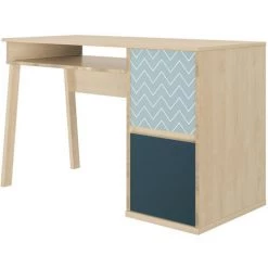 MEUBLETMOI Bureau 2 Portes Décor Chêne Beige Et Bleu - Sidoine - Bleu -France Bureau Soldes 2022 27248918 5