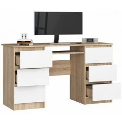 HUCOCO GOYA - Bureau Informatique Moderne 135x77x50 Cm - 6 Tiroirs Support Clavier - Table Ordinateur Multi-rangements - Beige -France Bureau Soldes 2022 27300700 2
