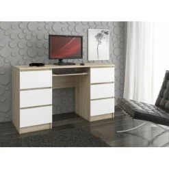 HUCOCO GOYA - Bureau Informatique Moderne 135x77x50 Cm - 6 Tiroirs Support Clavier - Table Ordinateur Multi-rangements - Beige -France Bureau Soldes 2022 27300700 3