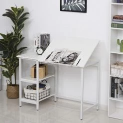 HOMCOM Table à Dessin Bureau Inclinable Design Contemporain Dim. 110L X 55l X 76H Cm 2 étagères Panneaux Particules Métal Blanc - Blanc -France Bureau Soldes 2022 27561213 4