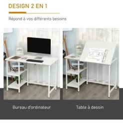 HOMCOM Table à Dessin Bureau Inclinable Design Contemporain Dim. 110L X 55l X 76H Cm 2 étagères Panneaux Particules Métal Blanc - Blanc -France Bureau Soldes 2022 27561213 5