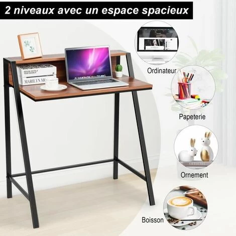 COSTWAY Table De Bureau Pour Ordinateur à 2 Niveaux Avec Tablette Moniteur Charge 50KG Bureau Imformatique Pour Chambre,Bureau,Salon 4 COSTWAY Table De Bureau Pour Ordinateur à 2 Niveaux Avec Tablette Moniteur Charge 50KG Bureau Imformatique Pour Chambre,Bureau,Salon – Image 2