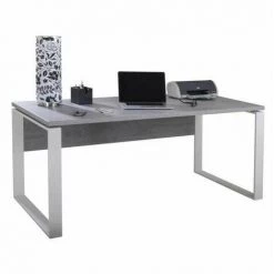 MEUBLETMOI Bureau Décor Gris Béton Et Pied En Métal - Longueur 170 Cm - NET - Gris