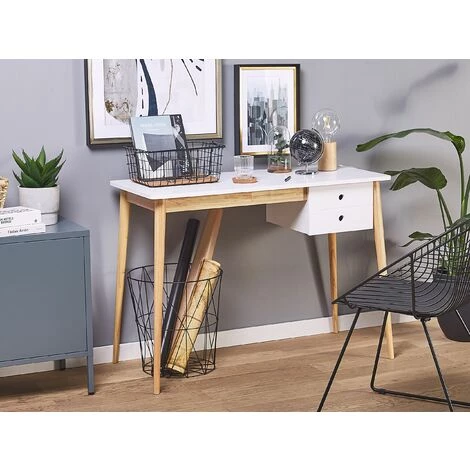 BELIANI Bureau Effet Bois Clair / Blanc 106 X 48 Cm Avec 1 Tiroir - Blanc 4 BELIANI Bureau Effet Bois Clair / Blanc 106 X 48 Cm Avec 1 Tiroir - Blanc – Image 2
