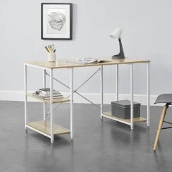[en.casa] Bureau Avec Etagères Table Poste De Travail Panneau De Particules Mélaminé Et Acier Revêtu Par Poudre Couleur Chêne Et Blanc 75 X 120 X 60 Cm