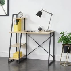 [en.casa] Bureau Avec Etagères De Rangement Poste De Travail Table De Bureau Panneau De Fibre De Bois Mélaminé et Métal Revêtu Par Poudre Couleur Effet Chêne Et Noir 117 X 102 X 50 Cm