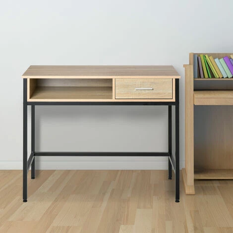 HOMCOM Bureau Style Industriel Casier + Tiroir Coulissant Châssis Métal Noir Plateau Panneaux Particules Chêne Clair 4 HOMCOM Bureau Style Industriel Casier + Tiroir Coulissant Châssis Métal Noir Plateau Panneaux Particules Chêne Clair – Image 2