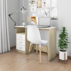 ASUPERMALL Bureau Avec Tiroirs Blanc Et Chene Sonoma 110x50x76cm Agglomere -France Bureau Soldes 2022 28181990 2
