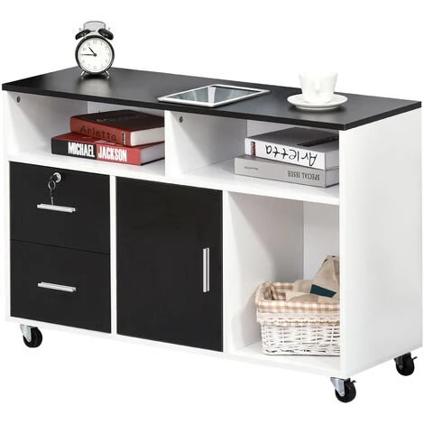 HOMCOM Support D'imprimante Caisson Placard Porte Avec étagère, Niches, Tiroirs Verrouillables + Grand Plateau Panneaux Particules Noir Blanc 3 HOMCOM Support D'imprimante Caisson Placard Porte Avec étagère, Niches, Tiroirs Verrouillables + Grand Plateau Panneaux Particules Noir Blanc