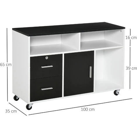 HOMCOM Support D'imprimante Caisson Placard Porte Avec étagère, Niches, Tiroirs Verrouillables + Grand Plateau Panneaux Particules Noir Blanc 5 HOMCOM Support D'imprimante Caisson Placard Porte Avec étagère, Niches, Tiroirs Verrouillables + Grand Plateau Panneaux Particules Noir Blanc – Image 3