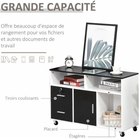 HOMCOM Support D'imprimante Caisson Placard Porte Avec étagère, Niches, Tiroirs Verrouillables + Grand Plateau Panneaux Particules Noir Blanc 6 HOMCOM Support D'imprimante Caisson Placard Porte Avec étagère, Niches, Tiroirs Verrouillables + Grand Plateau Panneaux Particules Noir Blanc – Image 4