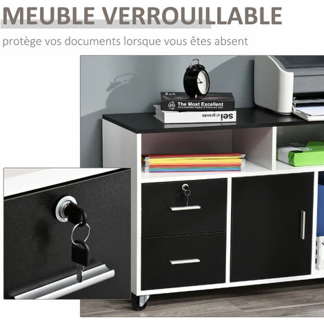 HOMCOM Support D'imprimante Caisson Placard Porte Avec étagère, Niches, Tiroirs Verrouillables + Grand Plateau Panneaux Particules Noir Blanc 7 HOMCOM Support D'imprimante Caisson Placard Porte Avec étagère, Niches, Tiroirs Verrouillables + Grand Plateau Panneaux Particules Noir Blanc – Image 5