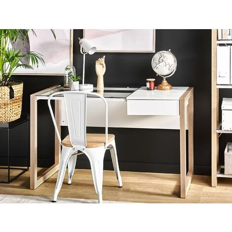 BELIANI Bureau Blanc / Effet Bois Clair 120 X 60 Cm Avec Tiroir - Blanc 4 BELIANI Bureau Blanc / Effet Bois Clair 120 X 60 Cm Avec Tiroir - Blanc – Image 2