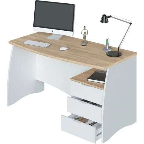 CAESAROO Bureau 136x67 Cm Blanc Mat Et Chêne Canadien Avec Trois Tiroirs | Chêne Clair/blanc 5 CAESAROO Bureau 136x67 Cm Blanc Mat Et Chêne Canadien Avec Trois Tiroirs | Chêne Clair/blanc – Image 3