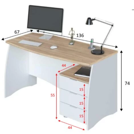 CAESAROO Bureau 136x67 Cm Blanc Mat Et Chêne Canadien Avec Trois Tiroirs | Chêne Clair/blanc 7 CAESAROO Bureau 136x67 Cm Blanc Mat Et Chêne Canadien Avec Trois Tiroirs | Chêne Clair/blanc – Image 5