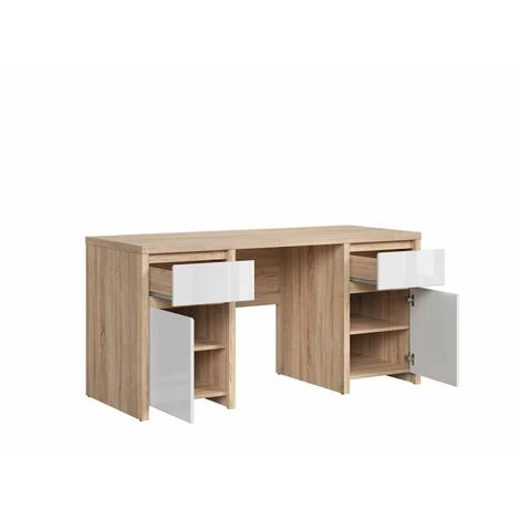 INSIDE75 Bureau KASPIAN Style Industriel Mélaminé Chêne Naturel 2 Tiroirs 2 Portes Blanc Brillant - Blanc 5 INSIDE75 Bureau KASPIAN Style Industriel Mélaminé Chêne Naturel 2 Tiroirs 2 Portes Blanc Brillant - Blanc – Image 3