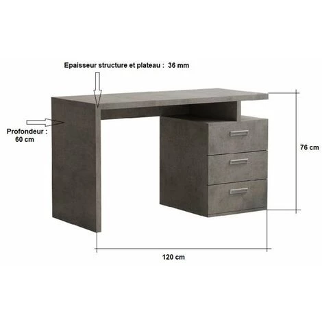INSIDE75 Bureau RUBY 3 Tiroirs Gris Béton 120 X 60 Cm - Gris 5 INSIDE75 Bureau RUBY 3 Tiroirs Gris Béton 120 X 60 Cm - Gris – Image 3