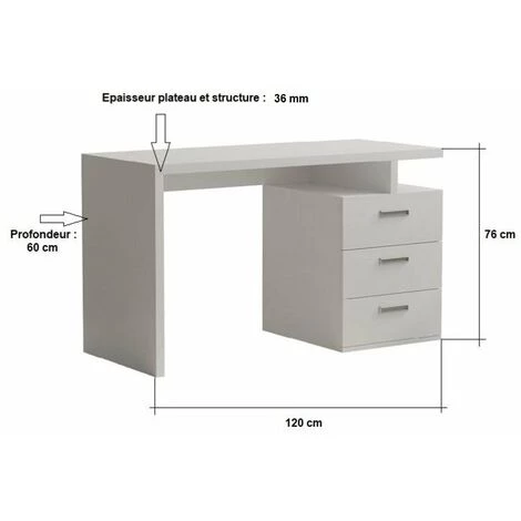 INSIDE75 Bureau RUBY 3 Tiroirs Blanc Mat 120 X 60 Cm - Blanc 4 INSIDE75 Bureau RUBY 3 Tiroirs Blanc Mat 120 X 60 Cm - Blanc – Image 2