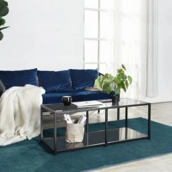 HOMEINBOX Table Basse Rectangulaire Gris Cendre Au Design Industriel - Plateau En Verre Trempé Et Structure En Acier - L 110 X P 50 X H 42 Cm 5034