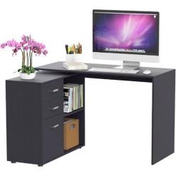 HOMCOM Bureau Informatique Multimédia Modulable Multi-rangements Double Niche + 3 Tiroirs Coulissants MDF Noir - Noir