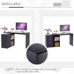 HOMCOM Bureau Informatique Multimédia Modulable Multi-rangements Double Niche + 3 Tiroirs Coulissants MDF Noir - Noir -France Bureau Soldes 2022 29216338 5