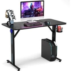 COSTWAY Bureau Gamer, Table Gaming Pour PC Informatique Avec LED Support De Manette Et Porte-Gobelet, Surface En Fibre De Carbone