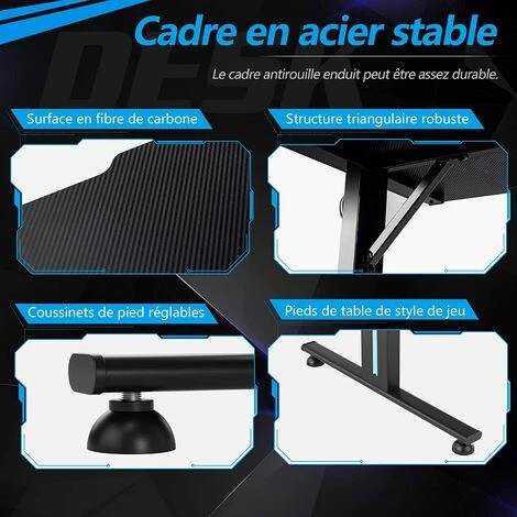 COSTWAY Bureau Gamer, Table Gaming Pour PC Informatique Avec LED Support De Manette Et Porte-Gobelet, Surface En Fibre De Carbone 4 COSTWAY Bureau Gamer, Table Gaming Pour PC Informatique Avec LED Support De Manette Et Porte-Gobelet, Surface En Fibre De Carbone – Image 2
