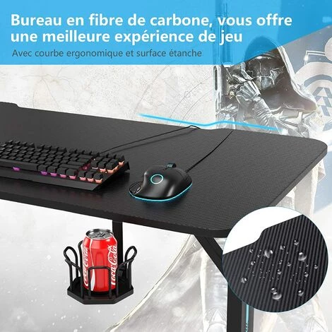 COSTWAY Bureau Gamer, Table Gaming Pour PC Informatique Avec LED Support De Manette Et Porte-Gobelet, Surface En Fibre De Carbone 5 COSTWAY Bureau Gamer, Table Gaming Pour PC Informatique Avec LED Support De Manette Et Porte-Gobelet, Surface En Fibre De Carbone – Image 3