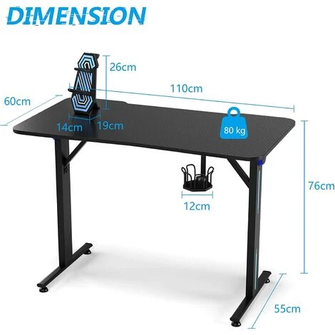 COSTWAY Bureau Gamer, Table Gaming Pour PC Informatique Avec LED Support De Manette Et Porte-Gobelet, Surface En Fibre De Carbone 7 COSTWAY Bureau Gamer, Table Gaming Pour PC Informatique Avec LED Support De Manette Et Porte-Gobelet, Surface En Fibre De Carbone – Image 5