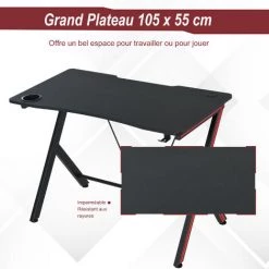 HOMCOM Bureau Gaming Table Bureau Pour Ordinateur De Jeu Avec Crochet Et Porte-Gobelet Patins Réglables 105 X 55 X 75 Cm Noir Et Rouge - Noir -France Bureau Soldes 2022 29361082 5