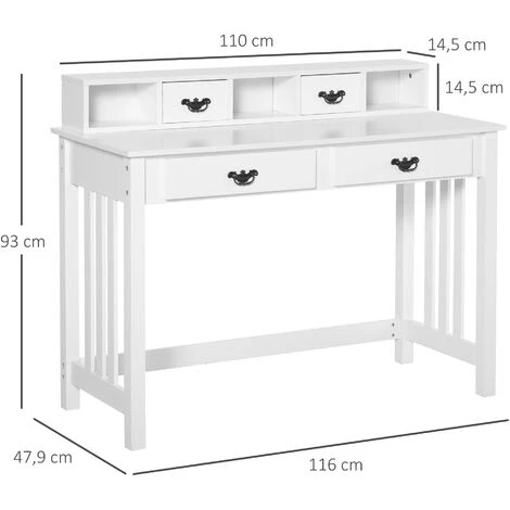 HOMCOM Bureau Secrétaire Style Néo-rétro Dim. 116L X 47l X 93H Cm 4 Tiroirs Poignées Baroques + 3 Niches MDF Blanc - Blanc 5 HOMCOM Bureau Secrétaire Style Néo-rétro Dim. 116L X 47l X 93H Cm 4 Tiroirs Poignées Baroques + 3 Niches MDF Blanc - Blanc – Image 3