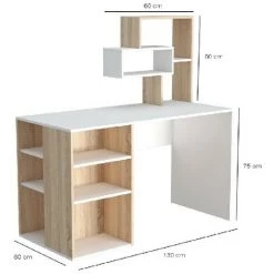 HOMEMANIA Bureau Ermes - Avec Bibliotheque Integree, Etageres - Studio, Chambre A Coucher - Blanc, Sonoma En Bois, 130 X 60 X 75 Cm -France Bureau Soldes 2022 29834245 3
