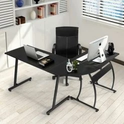 HOMYLIN Bureau D'angle Contemporain - Décor Noir En PVC 147 X 112 X 74 Cm