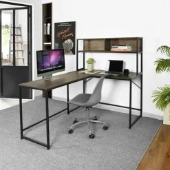 HOMYLIN Bureau D'ordinateur D'angle En Forme De L Avec 2 Niveaux De Rangement Pour La Maison Ou Le Bureau En Noyer