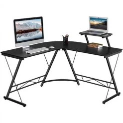 Yaheetech Bureau D'angle Table Informatique En Forme De L Table D'étude Avec Support D’écran Pieds Réglables Pour Bureau Chambre Studio Gain De Place Noir/L 130x130x75/96,5 Cm