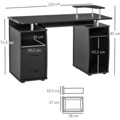 HOMCOM Bureau Informatique Multimédia Multi-rangements 120L X 55l X 85H Cm Panneaux Particules Noir - Noir -France Bureau Soldes 2022 30811859 3
