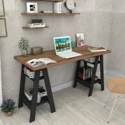 BEAUX MEUBLES PAS CHERS Bureau 2 Tréteaux Châtaignier Et Noir -France Bureau Soldes 2022 31545715 3
