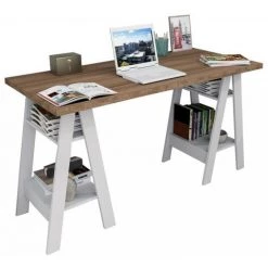 BEAUX MEUBLES PAS CHERS Bureau 2 Tréteaux Châtaignier Et Blanc